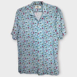 Jakes Mens Shirts Sz Medium Blue Swimmers Hawaiian Coastalcore Short Sleeves Vtg